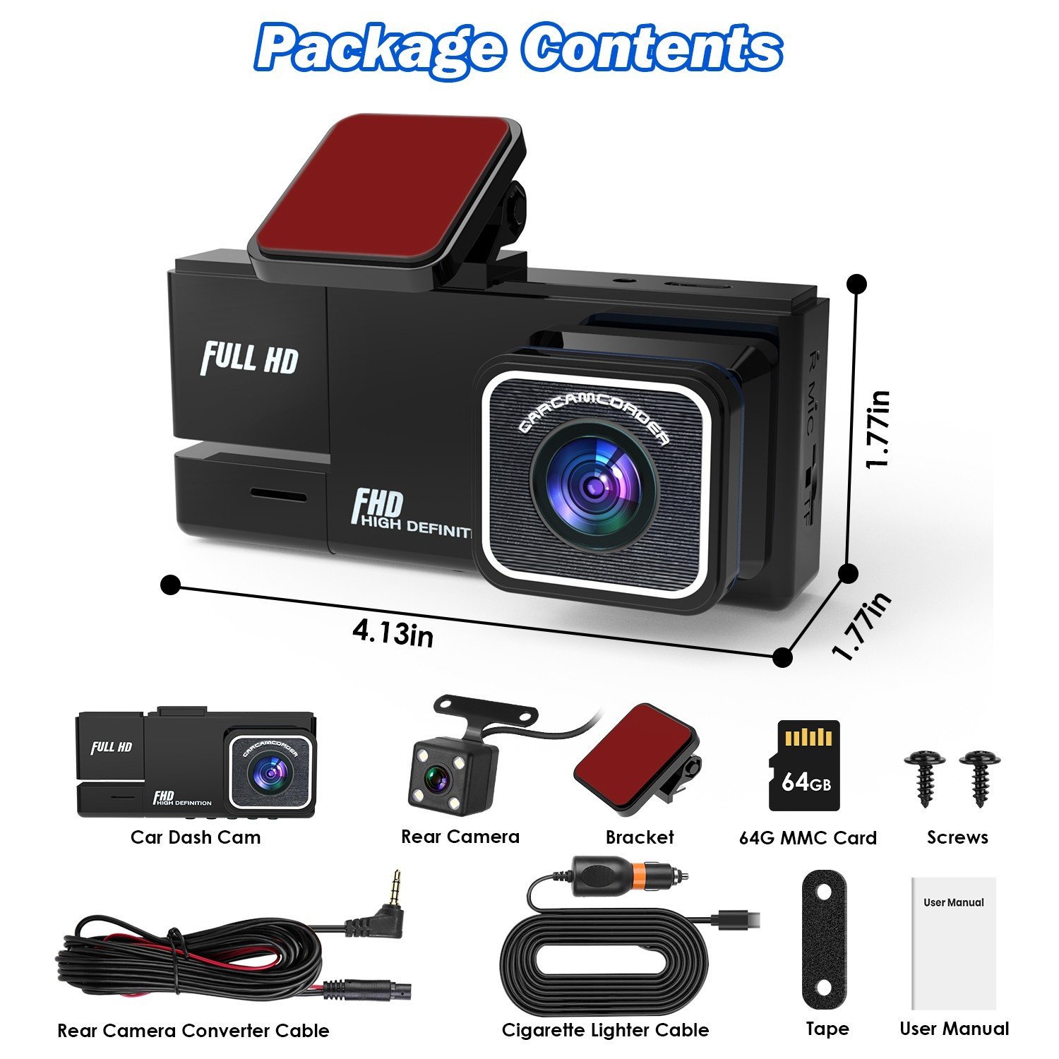 Car Dash Cam WiFi FHD 1080P Front/Rear/Inside Video Recorder Camera w/ 64G Card - Image 5