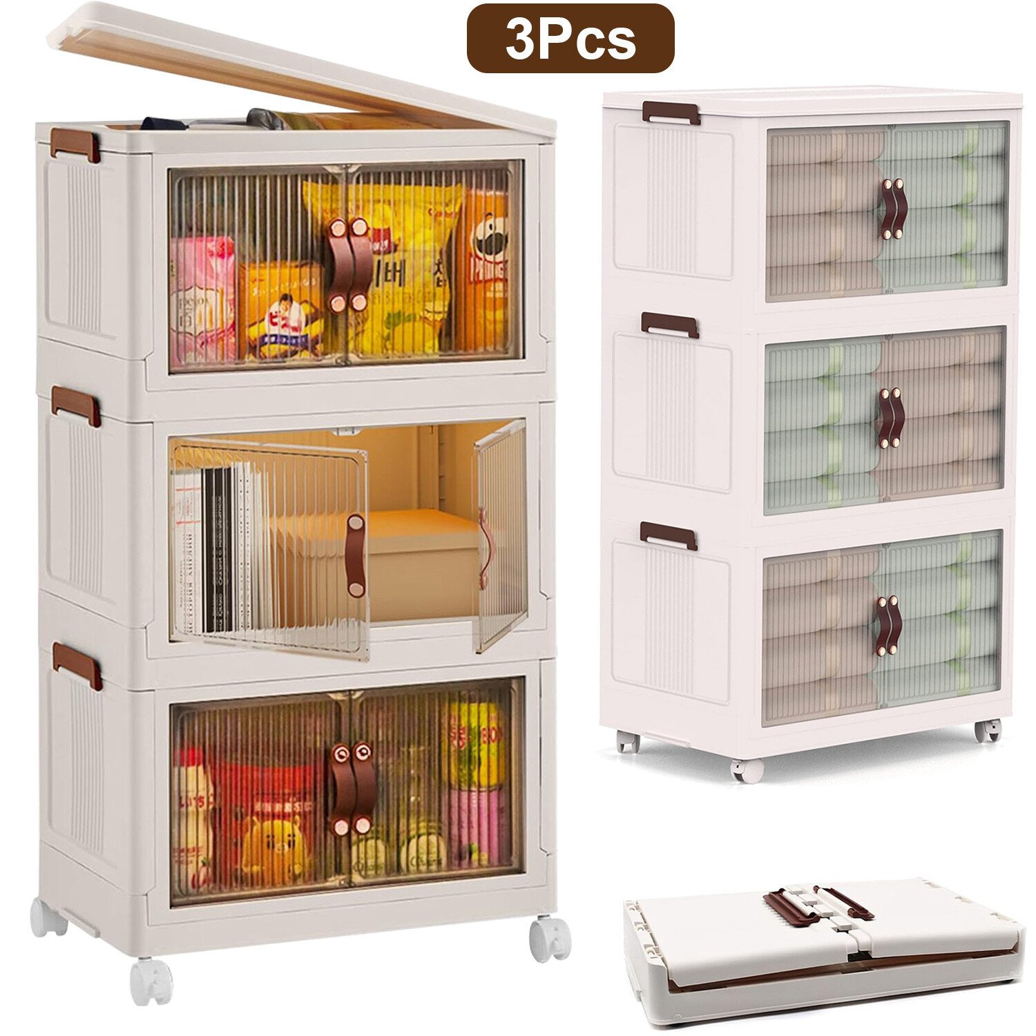 3 Pack 16 Gallon Stackable Storage Bins with Lids & Doors Closet Organizers Box