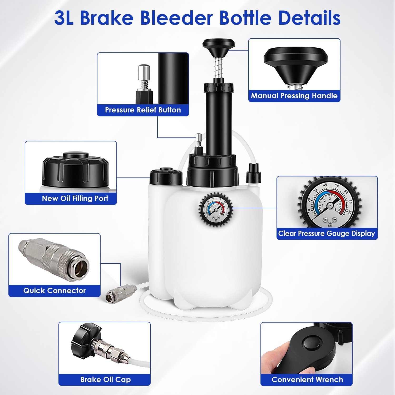 3L Brake Bleeder Kit Manual Fluid Vacuum Pump with 4 Master Cylinder Adapters - Image 4
