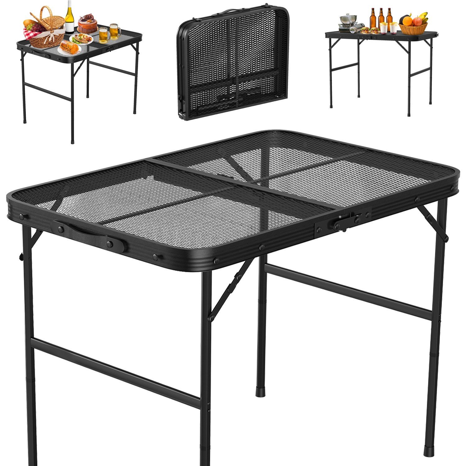3ft Camping Table Folding Grill Table w/ Mesh Desktop Height Adjustable Aluminum
