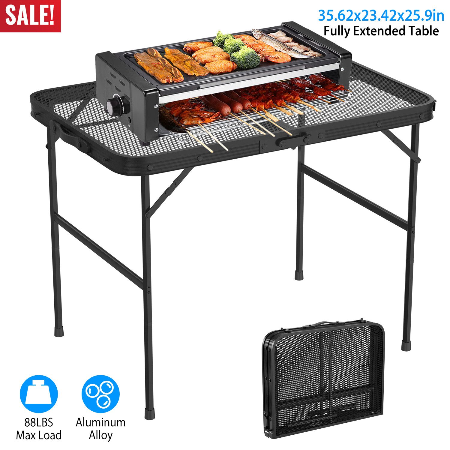 3ft Camping Table Folding Grill Table w/ Mesh Desktop Height Adjustable Aluminum - Image 2