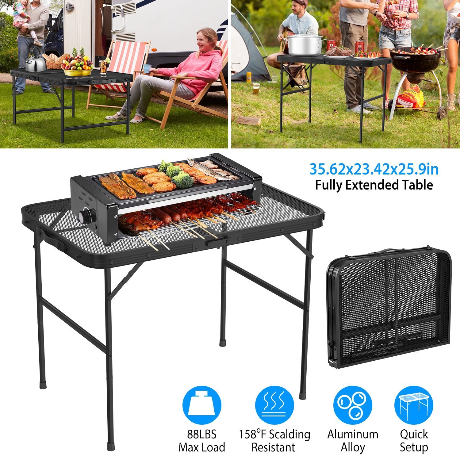3ft Camping Table Folding Grill Table w/ Mesh Desktop Height Adjustable Aluminum - Image 3