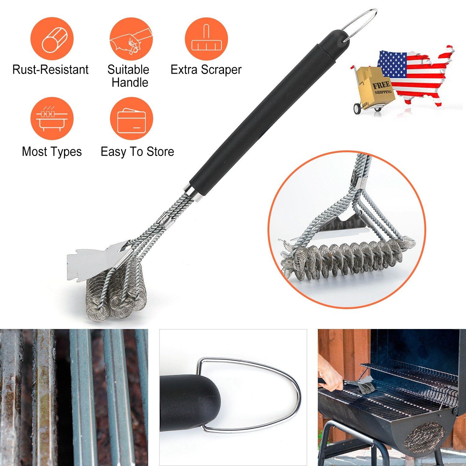 16.5 inch Grill Stainless Steel Cleaner Wire Bristle Barbecue Scraper BBQ Brush - Image 3