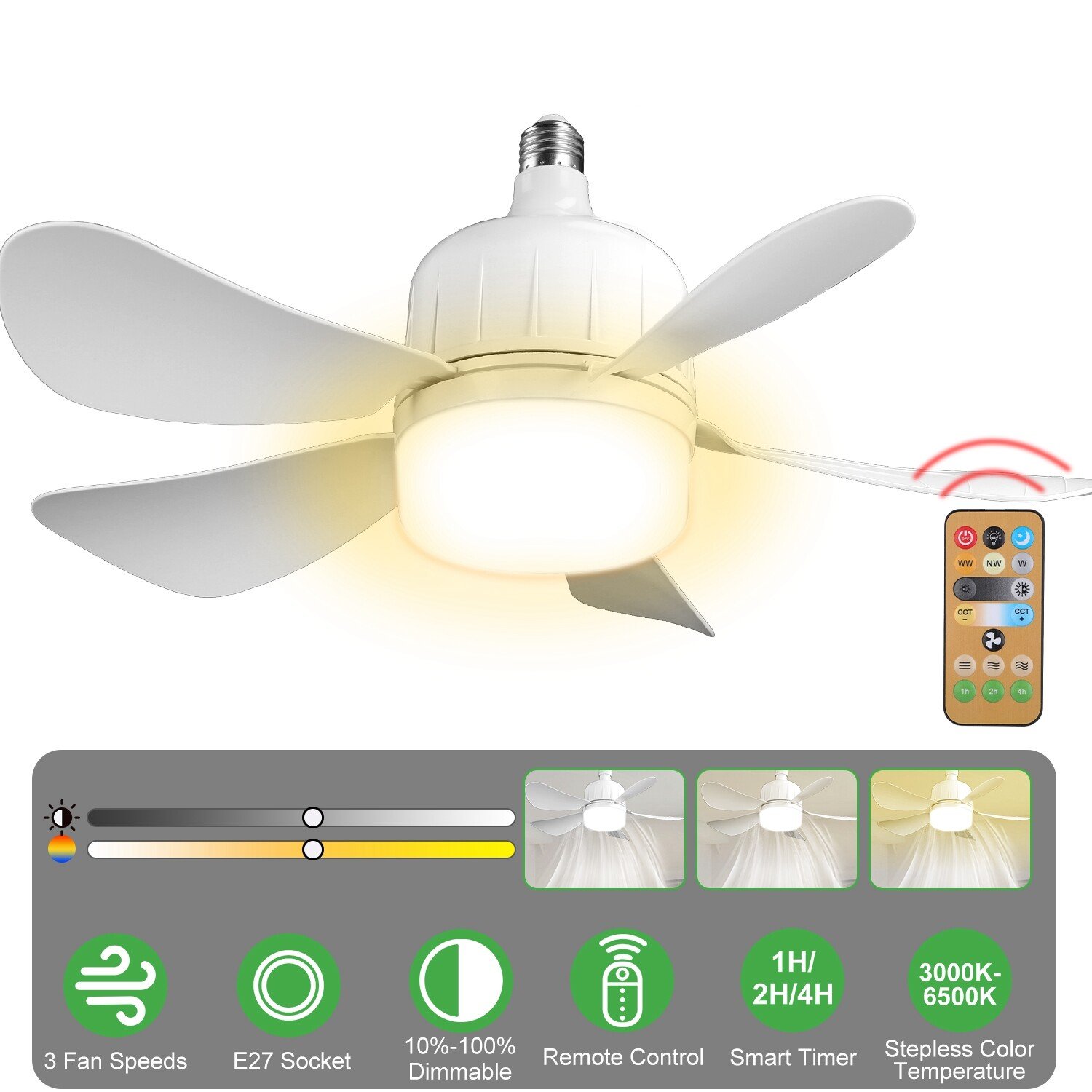 12W Socket Ceiling Fan with Dimmable LED Lights Smart Timer Remote Control - Image 5
