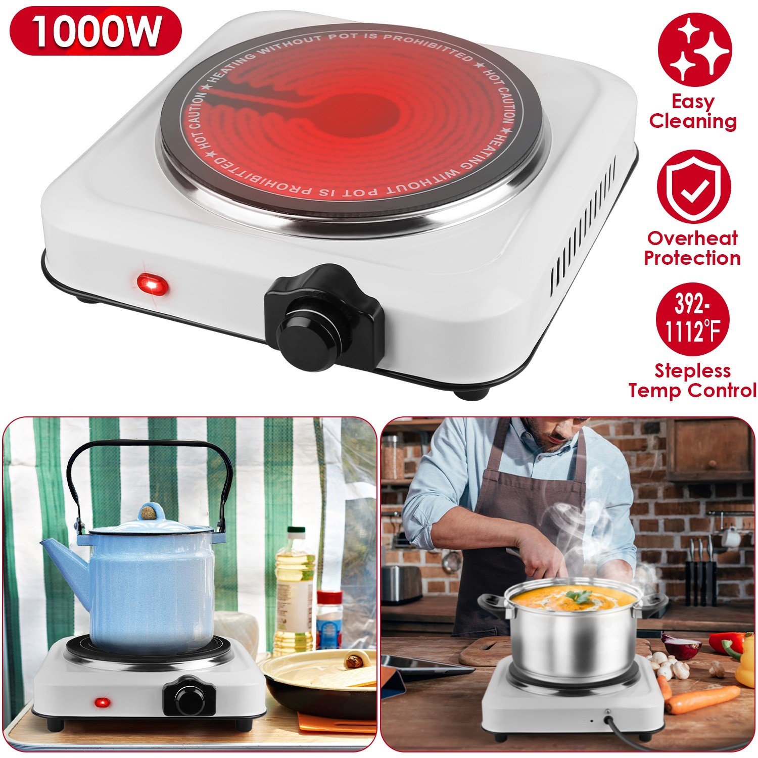 1000W Electric Single Burner Hot Plates w/ 7.5" Glass Cooktop Stove for Cooking - Image 2