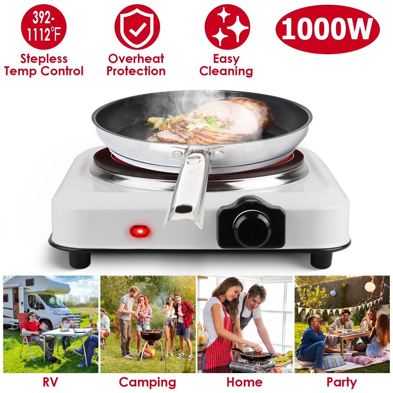 1000W Electric Single Burner Hot Plates w/ 7.5" Glass Cooktop Stove for Cooking - Image 3