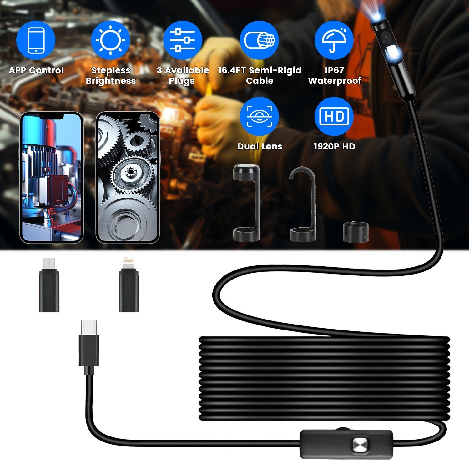 1920P Endoscope Camera Borescope 16.4FT Waterproof Inspection Cable APP Control - Image 2