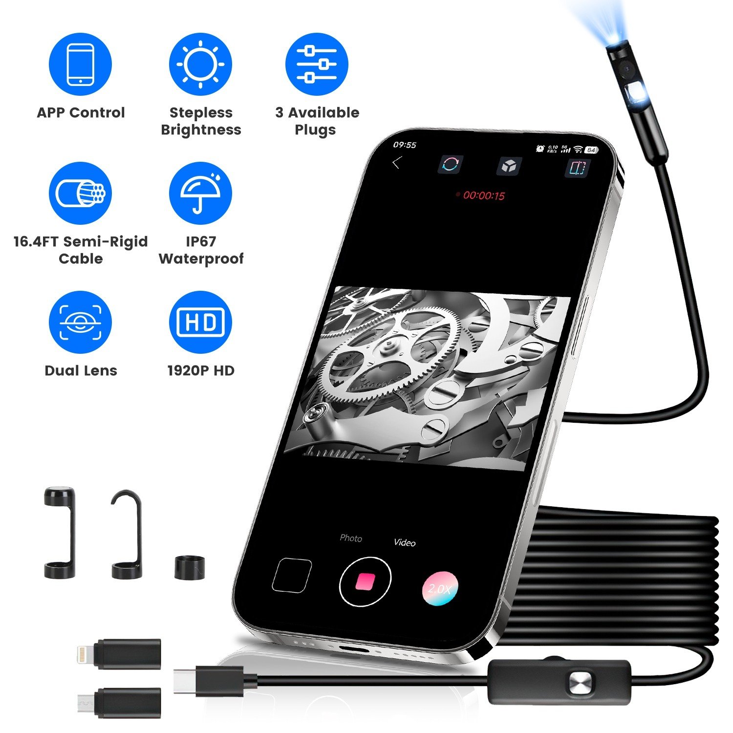 1920P Endoscope Camera Borescope 16.4FT Waterproof Inspection Cable APP Control - Image 3