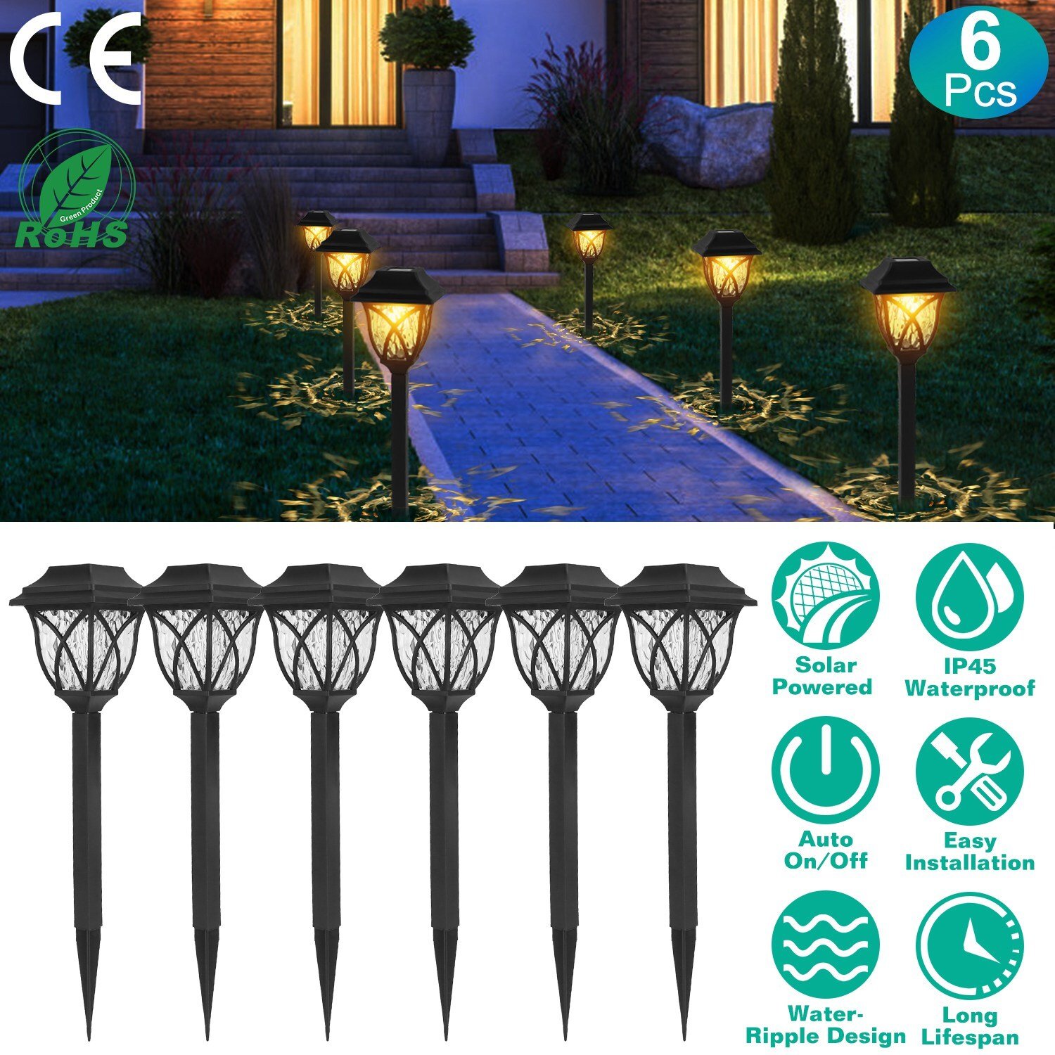 6 Pack Solar LED Stake Pathway Lights Ripple Yard Decor Auto On/Off Waterproof - Image 2