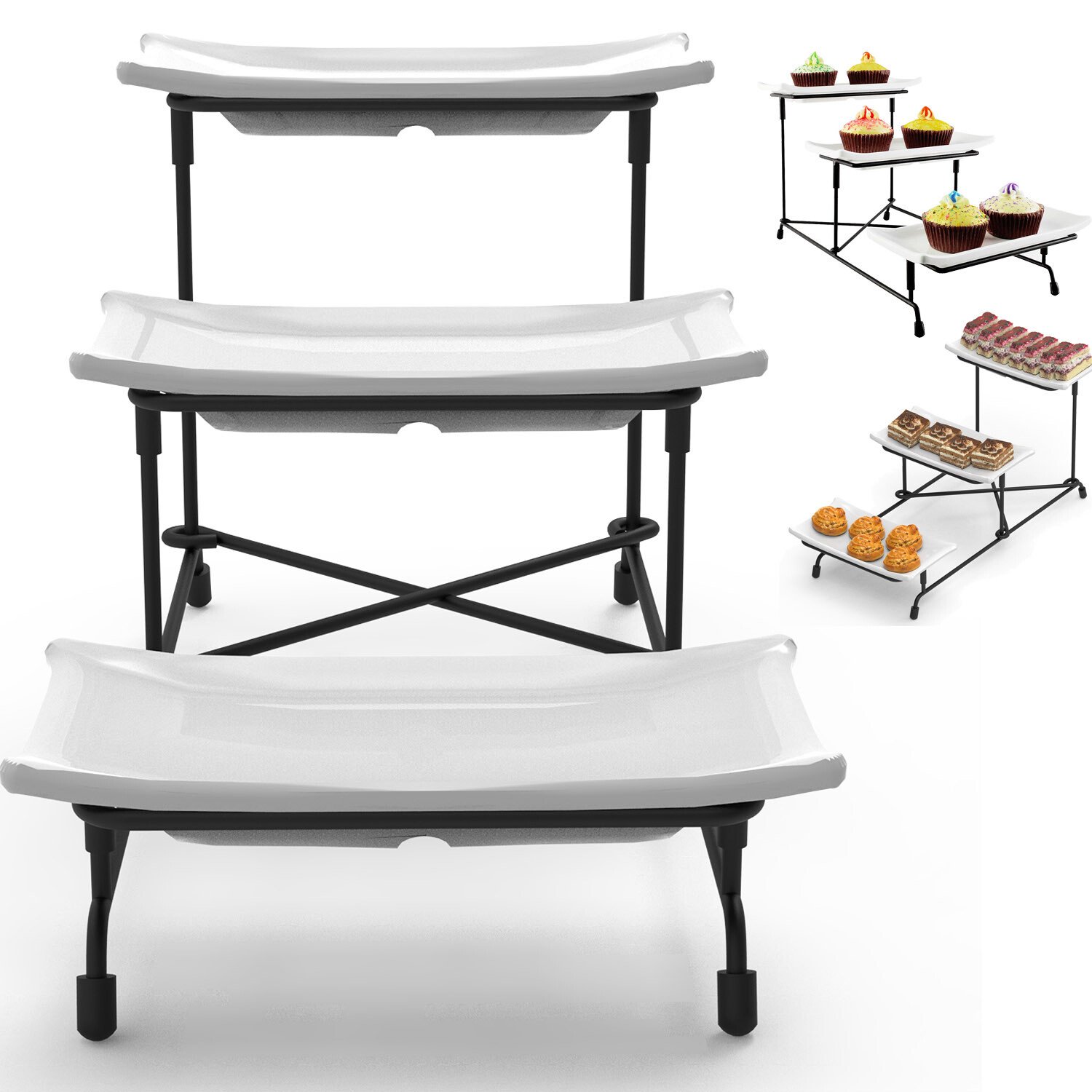 3 Tier Reusable Plastic Serving Tray with Metal Display Stand for Party Supplies