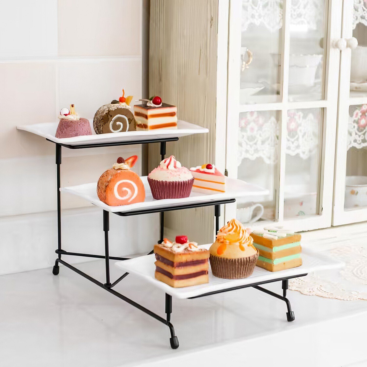 3 Tier Reusable Plastic Serving Tray with Metal Display Stand for Party Supplies - Image 3
