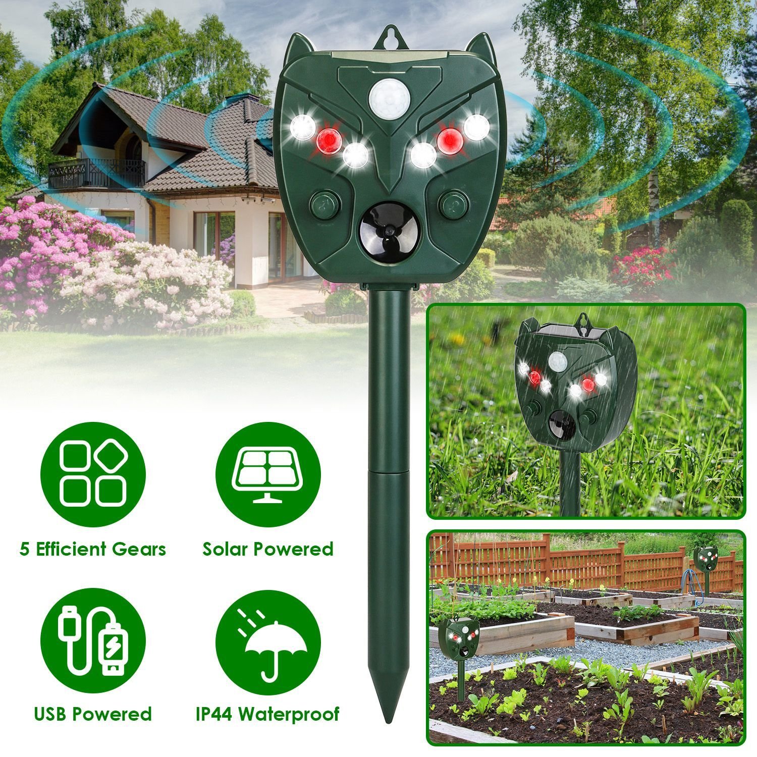 Animal Repeller Ultrasonic Solar Outdoor Pest Mole Snake Squirrel