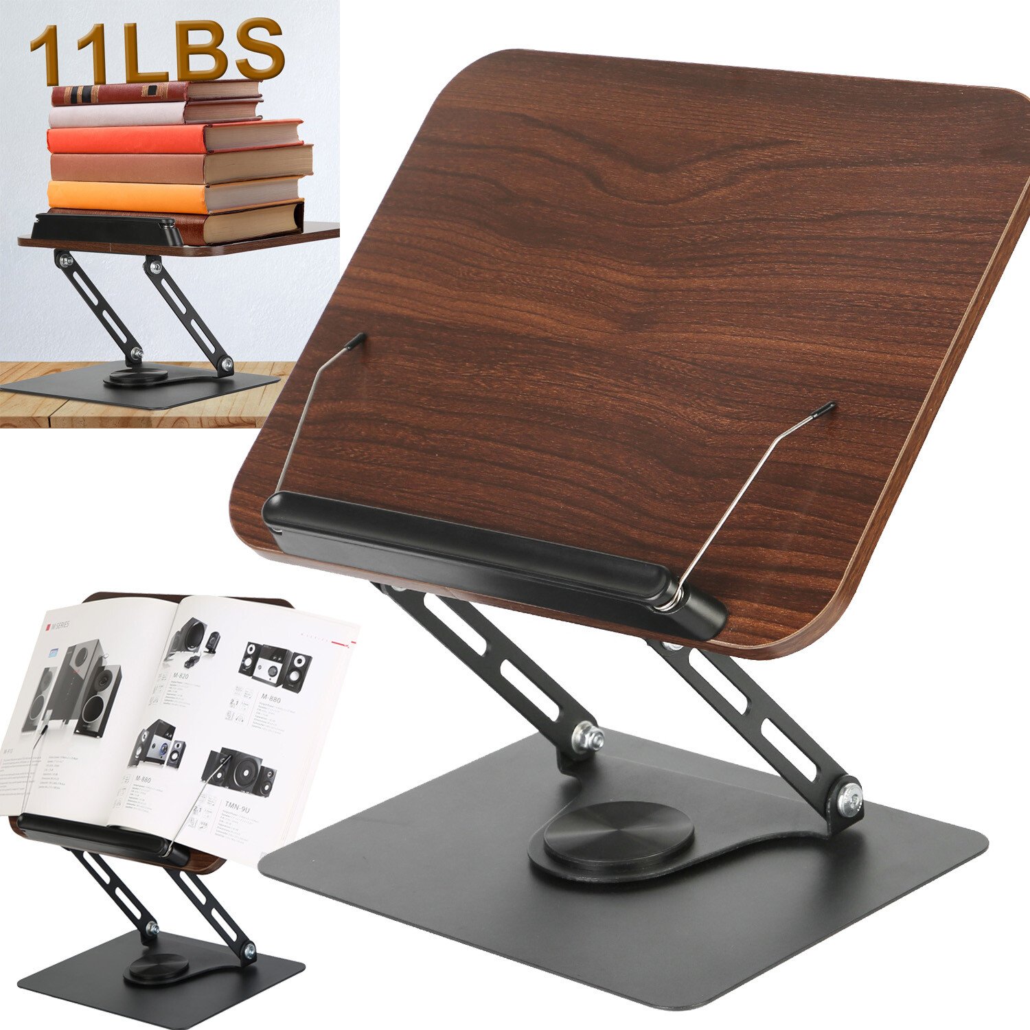 360° Rotating Foldable Wood Book Stand Holder For Reading Laptop Cookbook Tablet