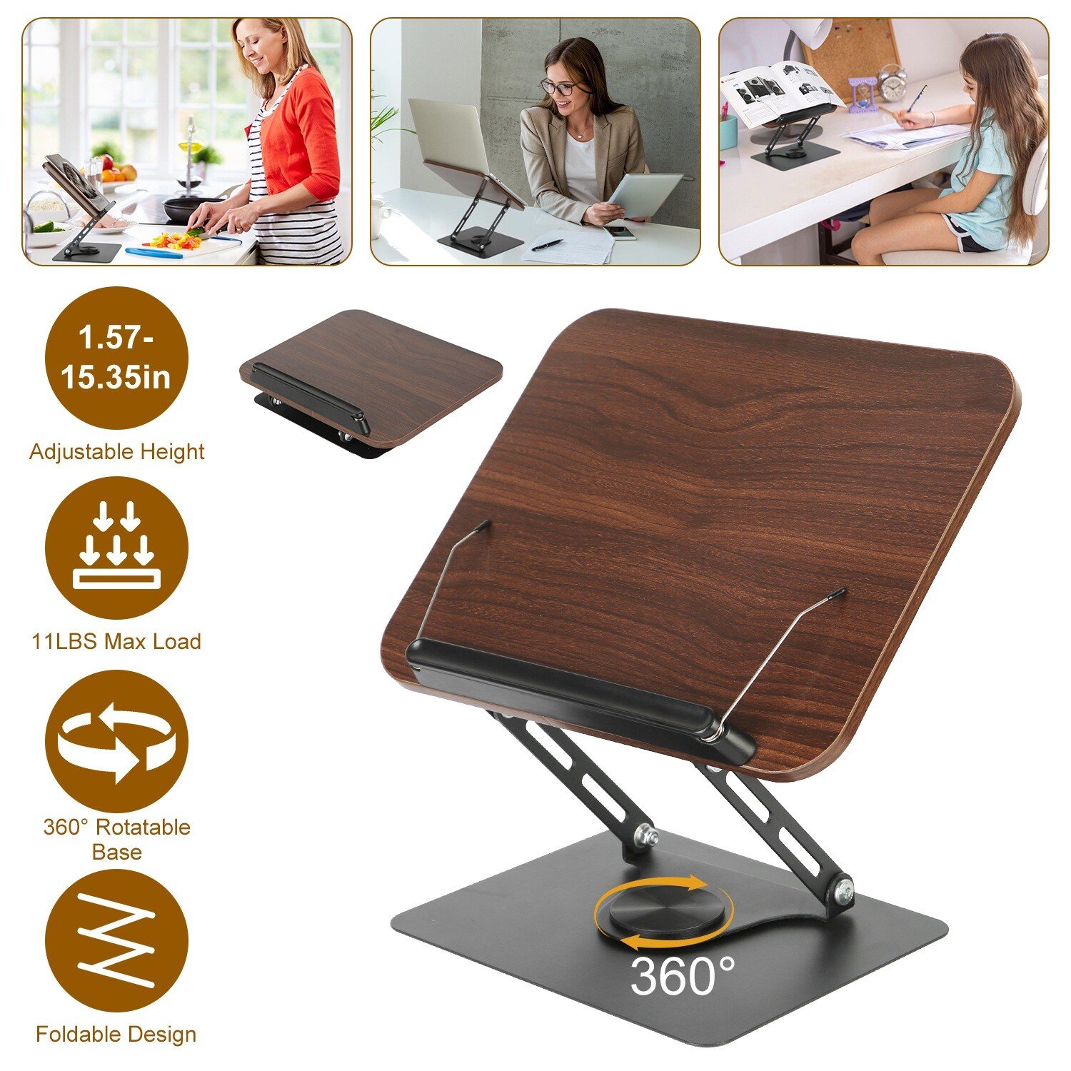 360° Rotating Foldable Wood Book Stand Holder For Reading Laptop Cookbook Tablet - Image 3
