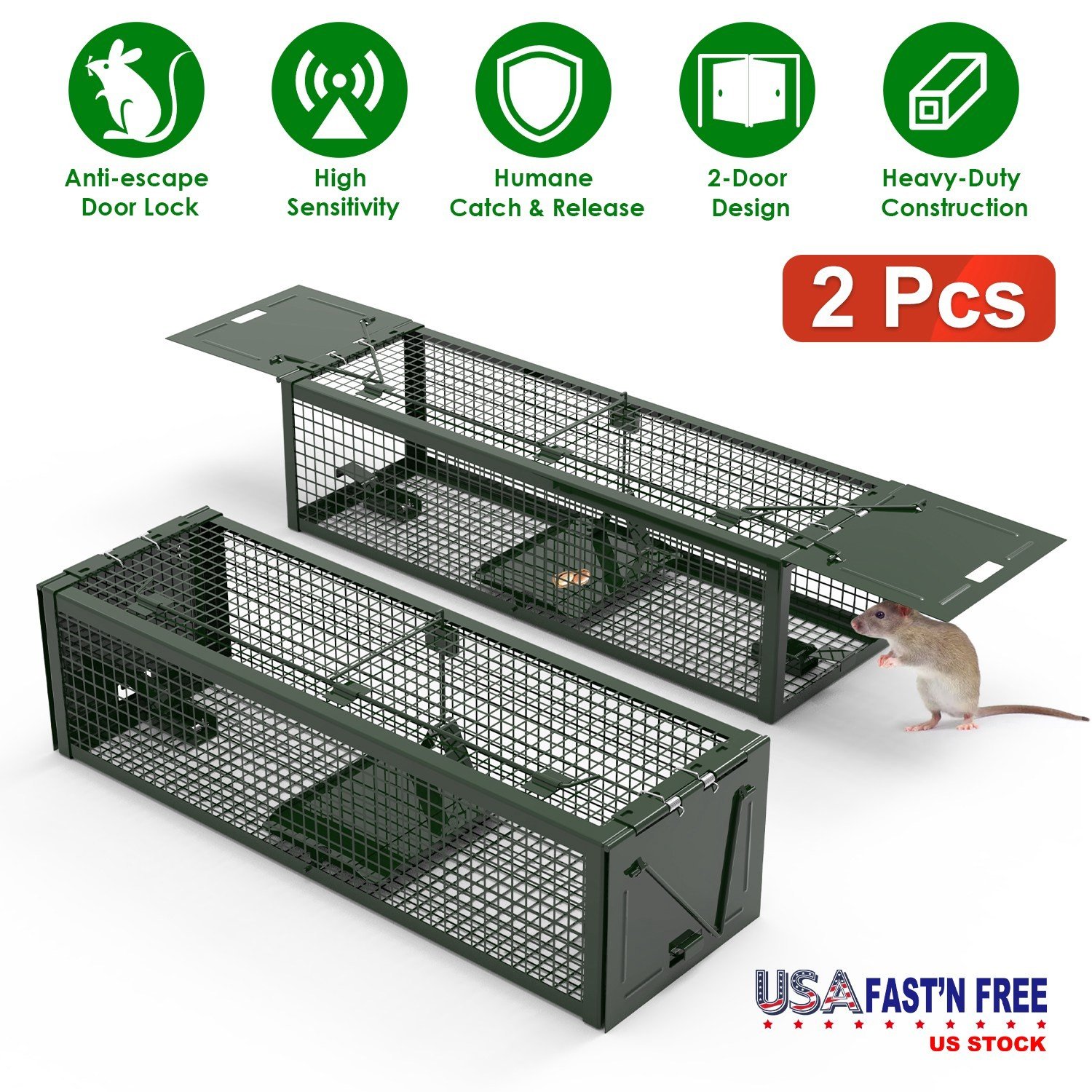 2PCS Heavy Duty Humane Live Rat Trap Cage for Garden Farm Warehouse Army Green - Image 2