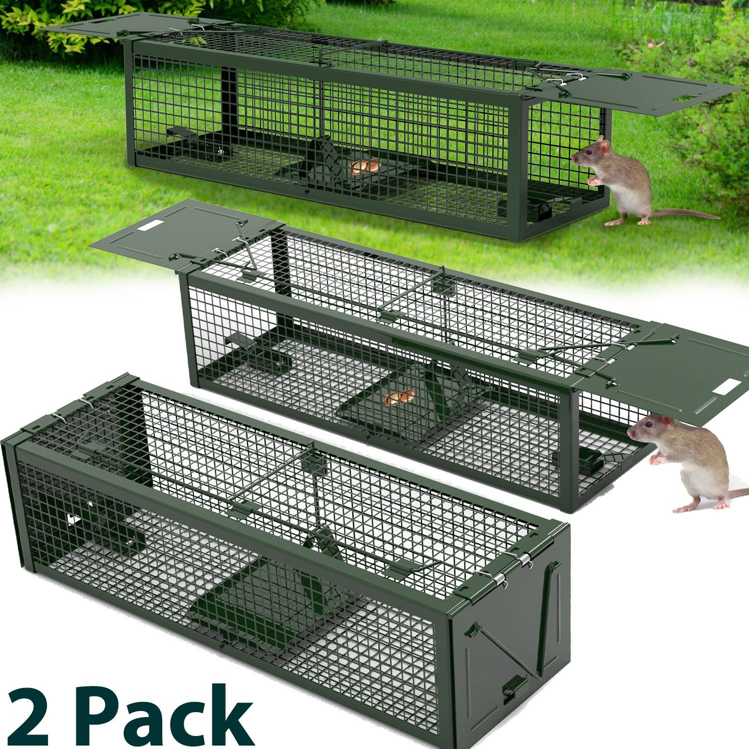 2PCS Heavy Duty Humane Live Rat Trap Cage for Garden Farm Warehouse Army Green - Image 3