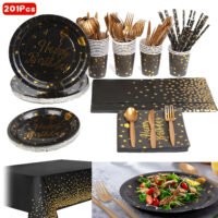 201PCS Gold Disposable Dinnerware Set For 25 Guests Happy Birthday Paper Plates