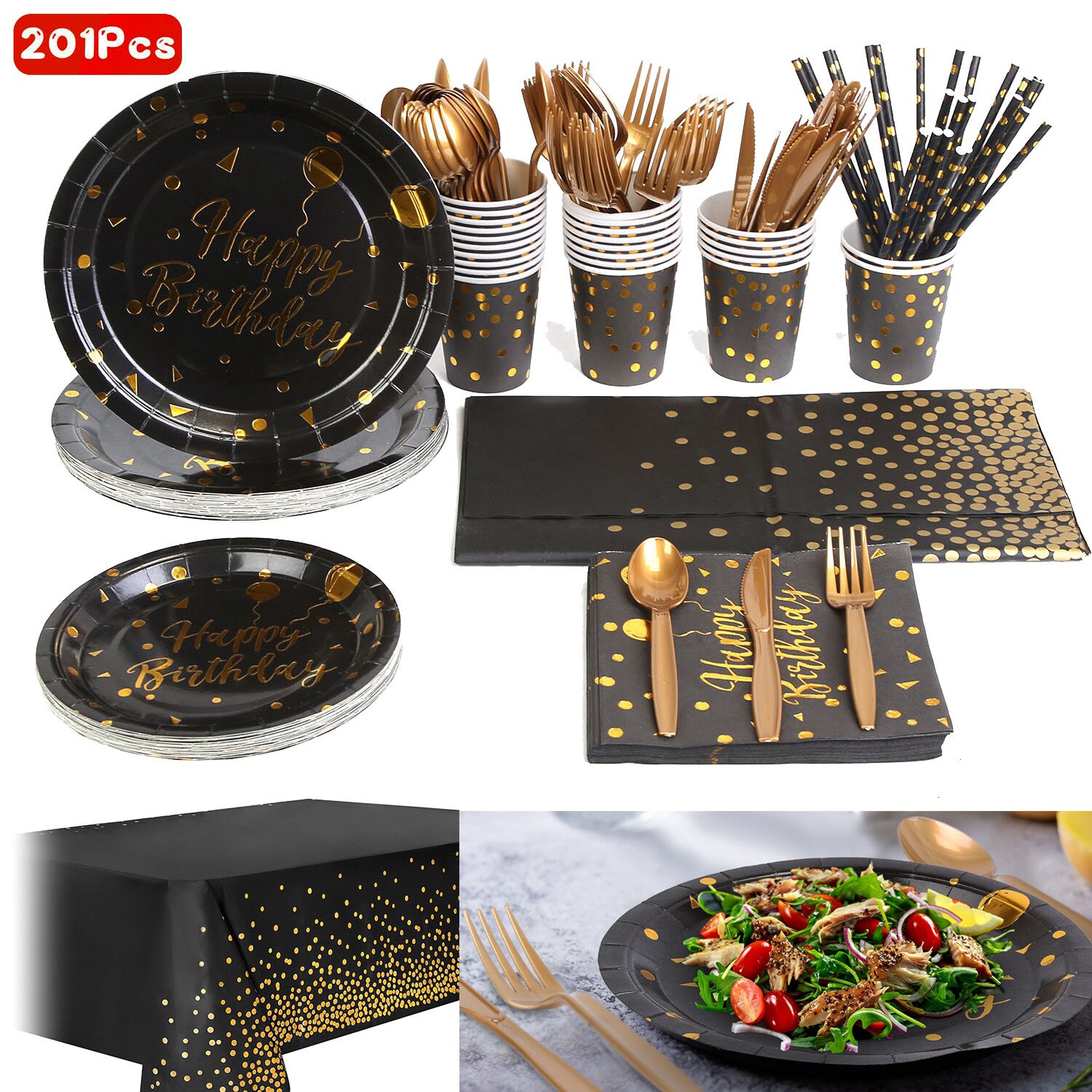 201PCS Gold Disposable Dinnerware Set For 25 Guests Happy Birthday Paper Plates