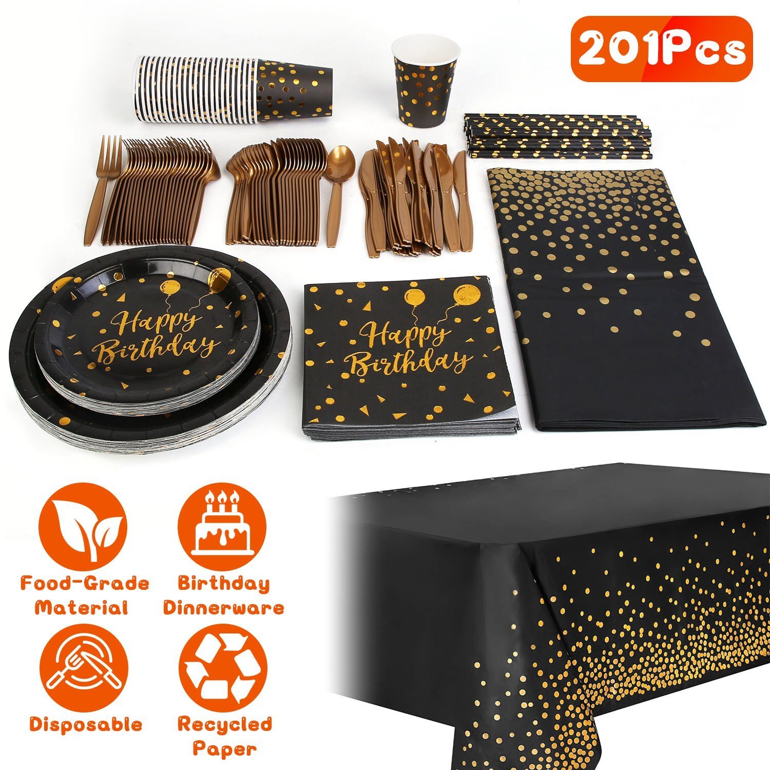 201PCS Gold Disposable Dinnerware Set For 25 Guests Happy Birthday Paper Plates - Image 2