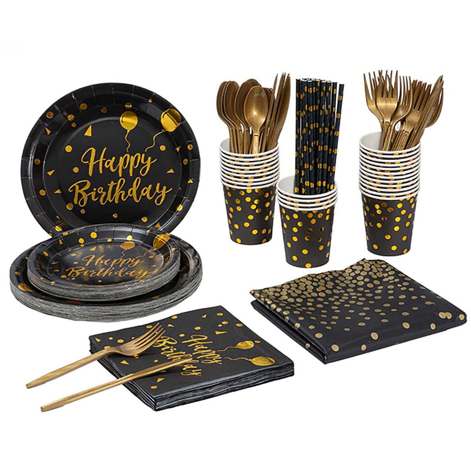 201PCS Gold Disposable Dinnerware Set For 25 Guests Happy Birthday Paper Plates - Image 3
