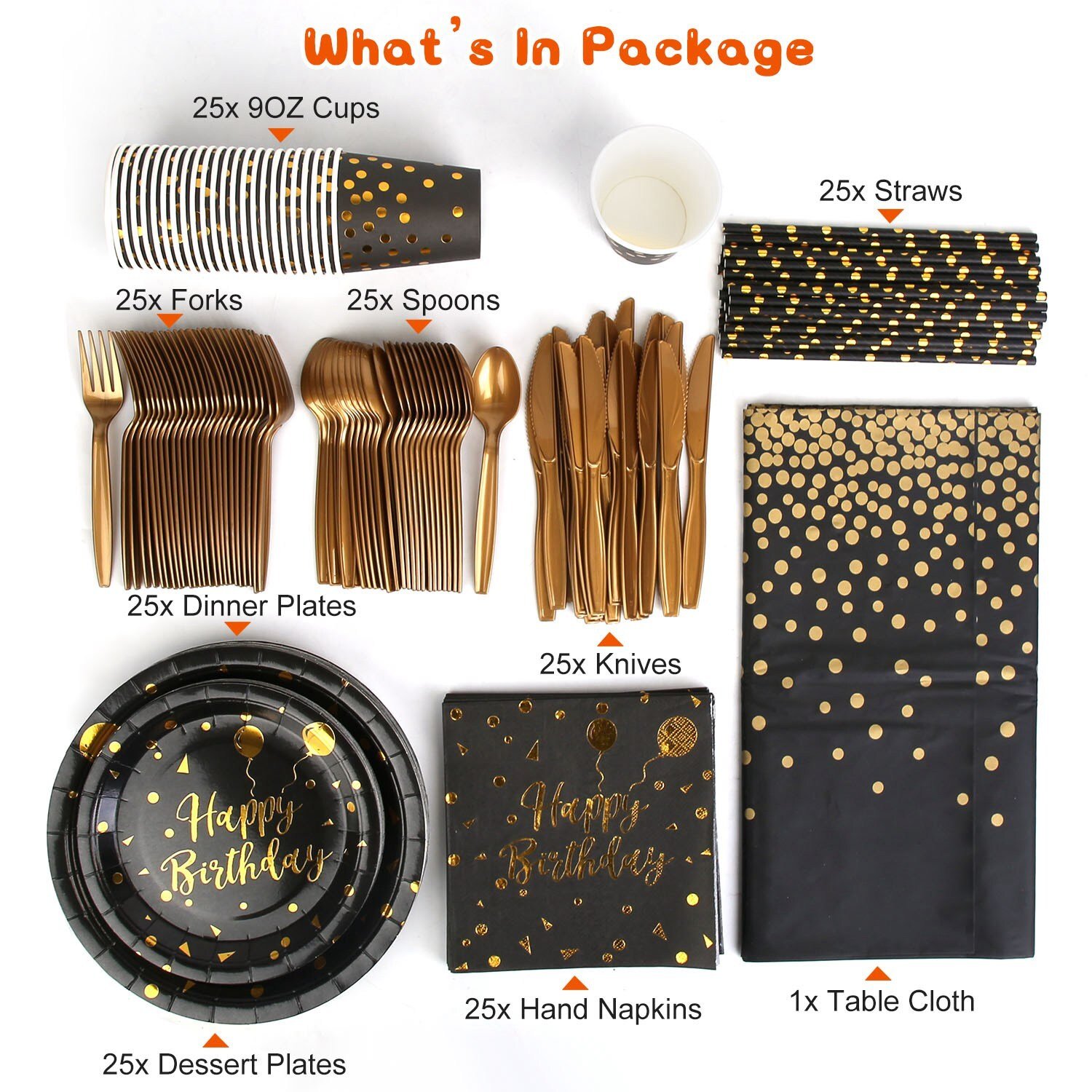 201PCS Gold Disposable Dinnerware Set For 25 Guests Happy Birthday Paper Plates - Image 4