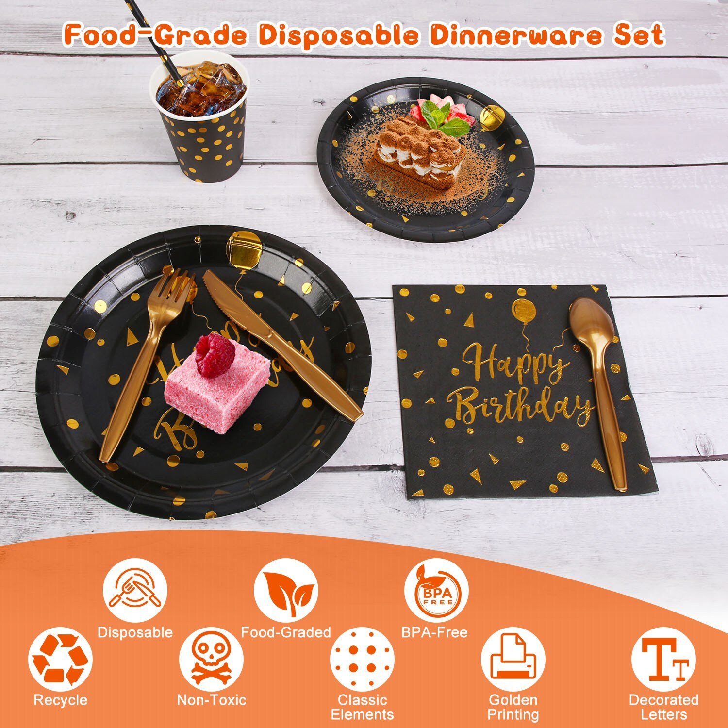 201PCS Gold Disposable Dinnerware Set For 25 Guests Happy Birthday Paper Plates - Image 5