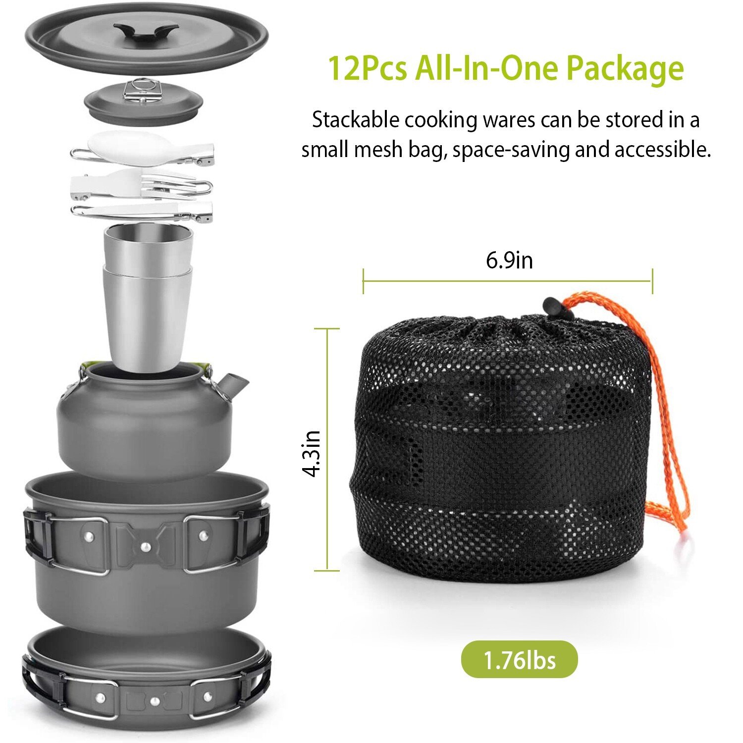12pcs Outdoor Camping Backpacking Cookware Picnic Pot Cups Pan Kettle Fork Set - Image 2