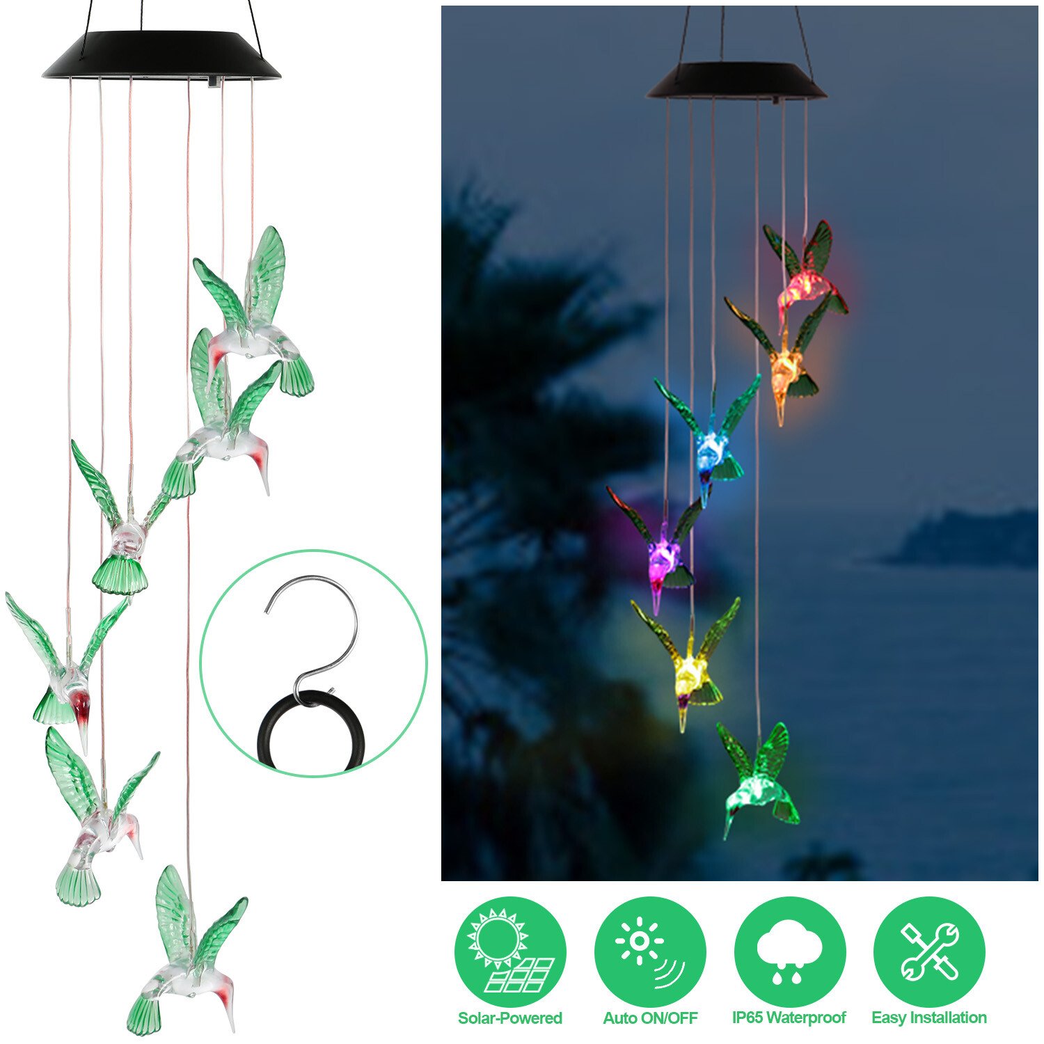 Solar String Lights Hummingbird Wind Chimes Color Changing Christmas Decor Light
