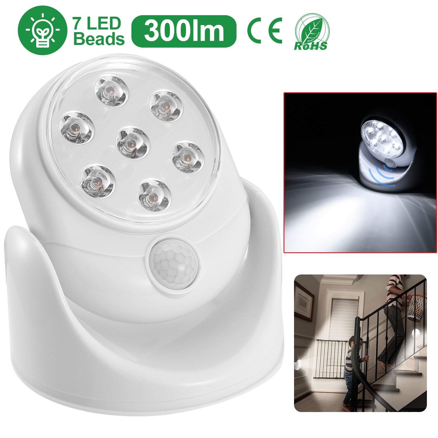 7-LED Adjustable Motion Activated Sensor Light Rotation Cordless Wall Lamps