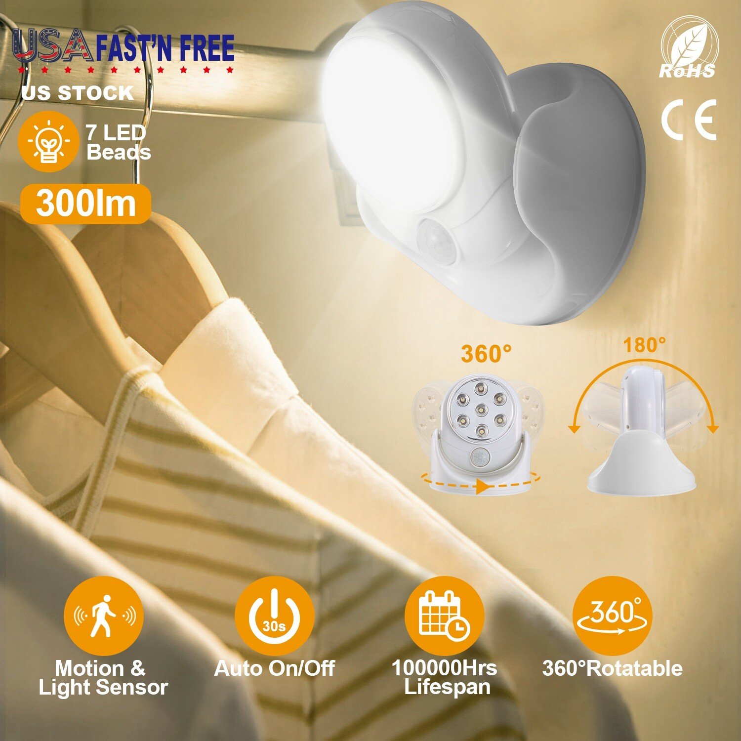 7-LED Adjustable Motion Activated Sensor Light Rotation Cordless Wall Lamps - Image 2