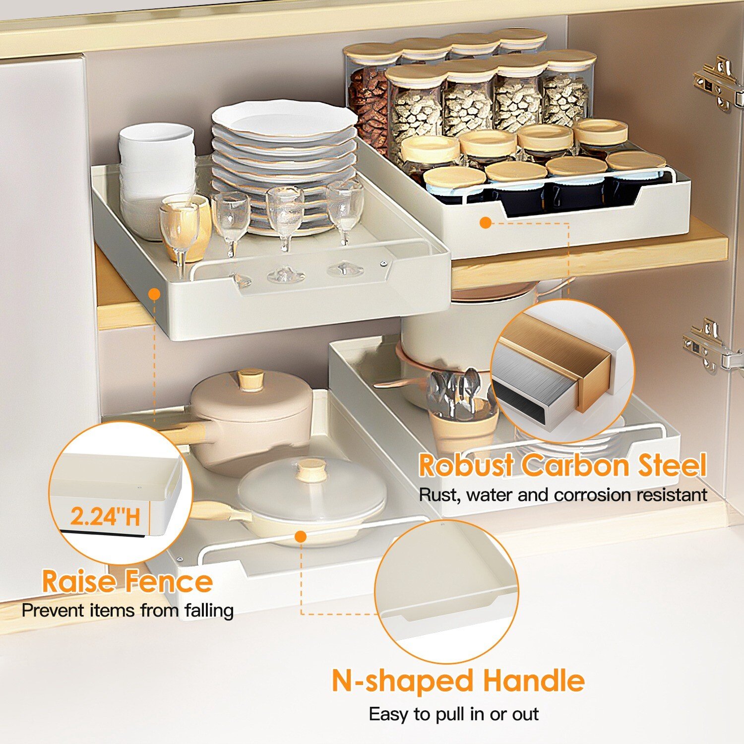 17"Dx12"W Pull Out Cabinet Organizer Stick On Drawer Carbon Steel Pull Out Shelf - Image 4