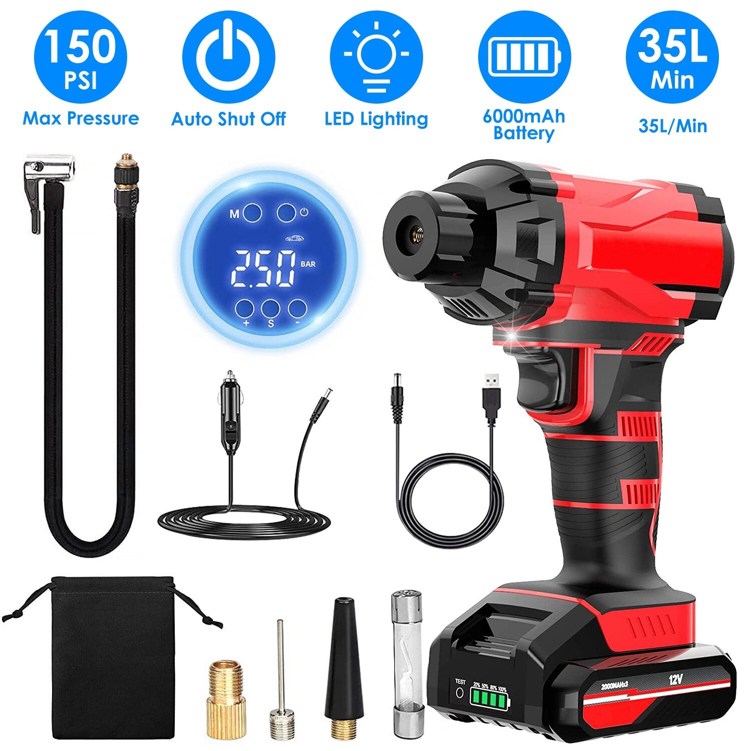 Cordless Tire Inflator Air Compressor 12V Cordless Car Tire Pump Rechargeable