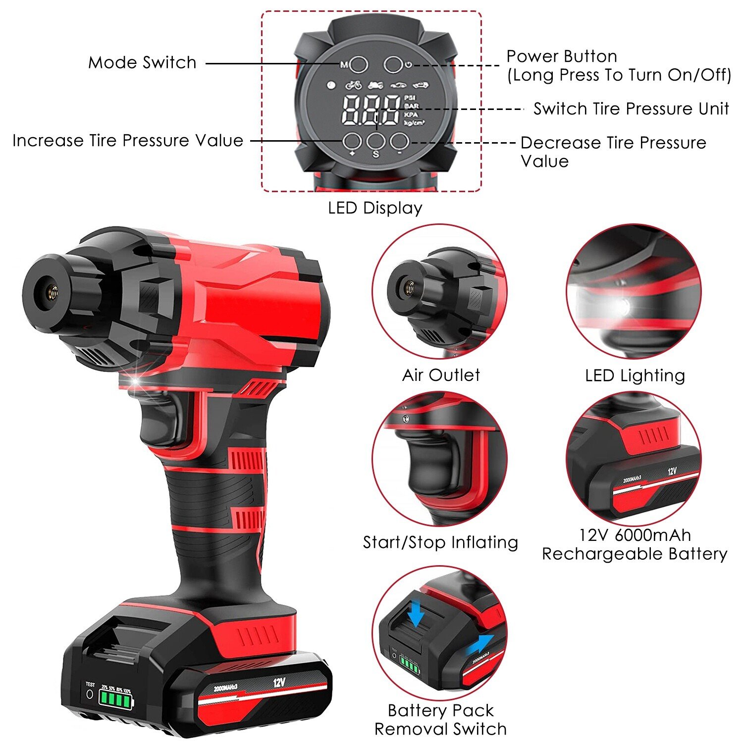Cordless Tire Inflator Air Compressor 12V Cordless Car Tire Pump Rechargeable - Image 4
