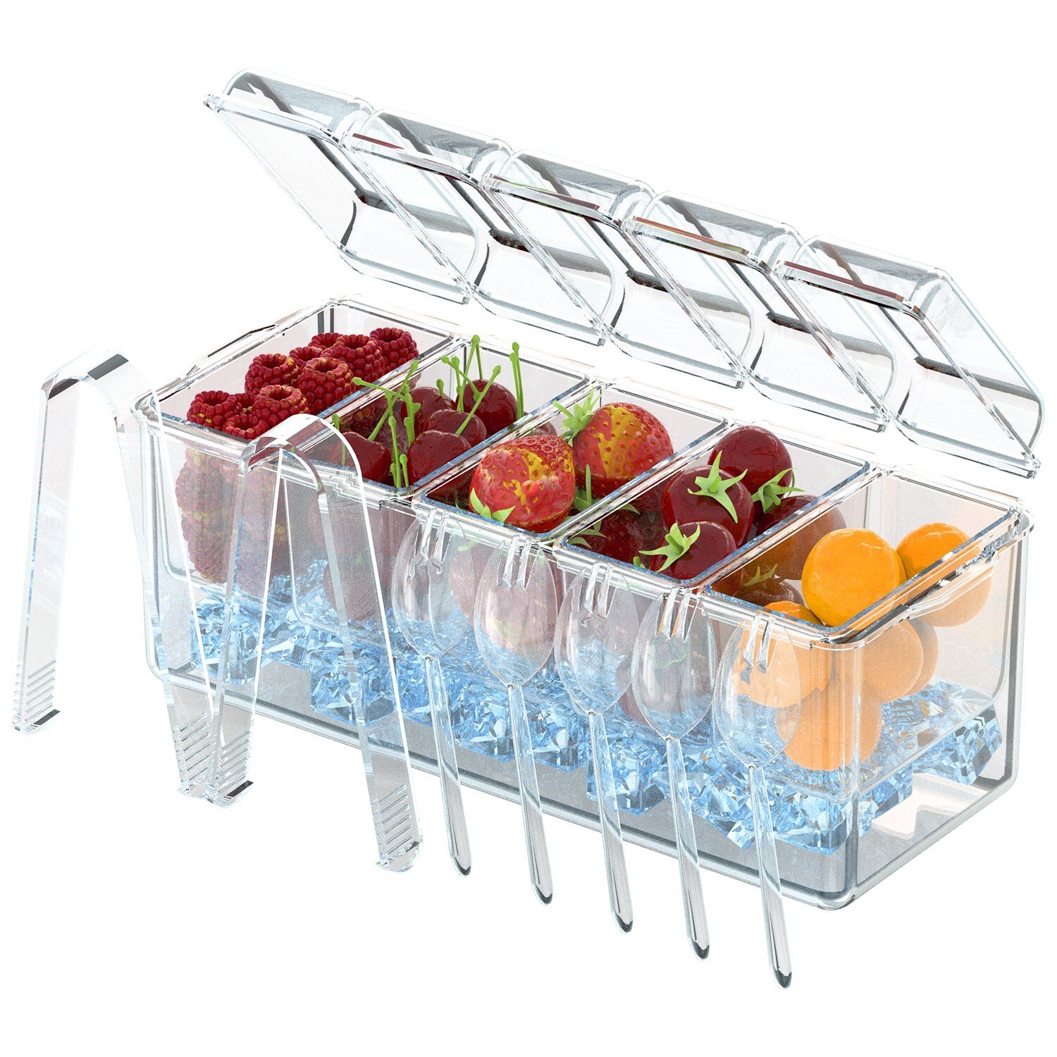 Ice Chilled Condiment Caddy with 5 Removable Containers 5 Lids 2 Tongs 5 Sporks