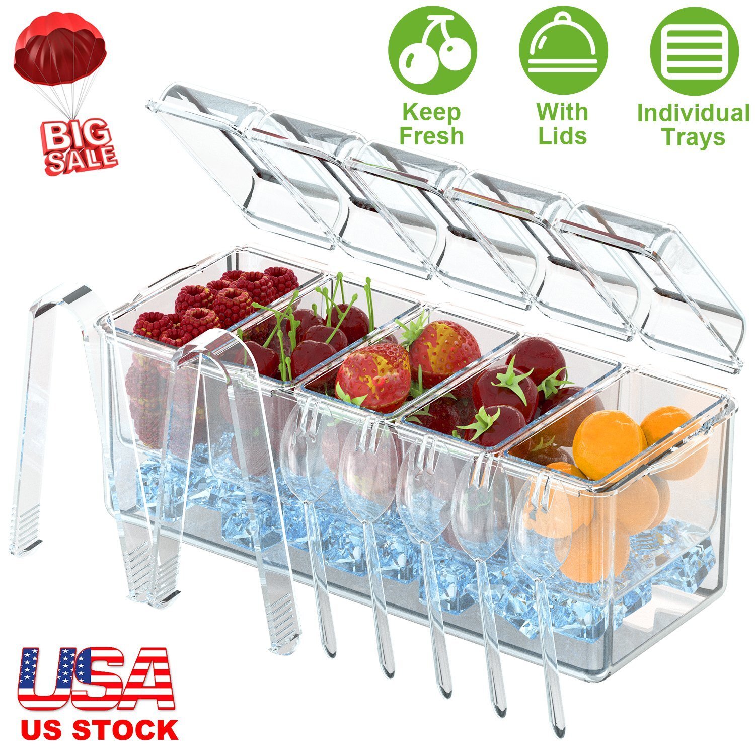 Ice Chilled Condiment Caddy with 5 Removable Containers 5 Lids 2 Tongs 5 Sporks - Image 2