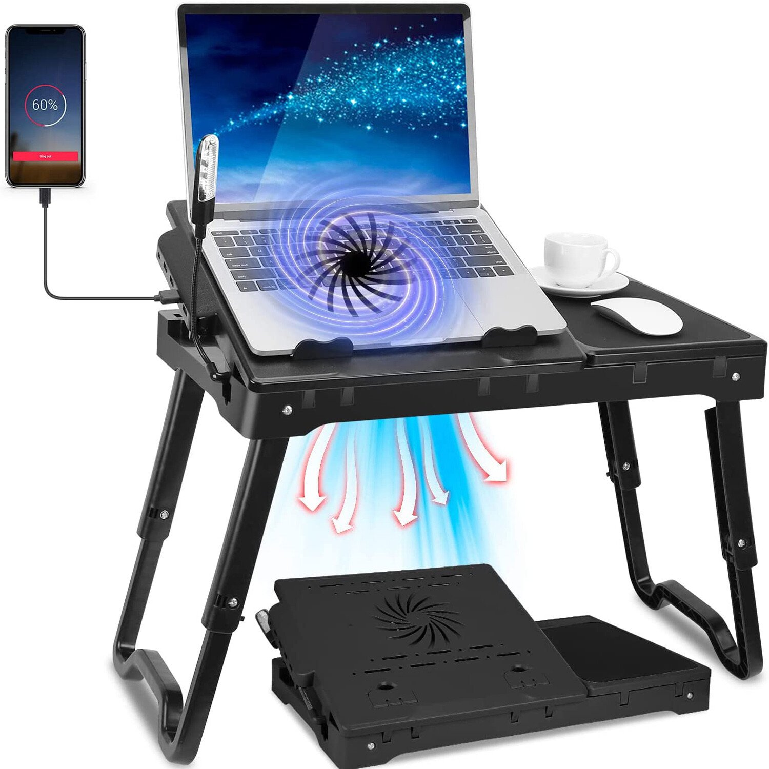 Laptop Desk Stand Table w/Fan for Bed with LED Light & 4 USB Ports & Mouse Pad