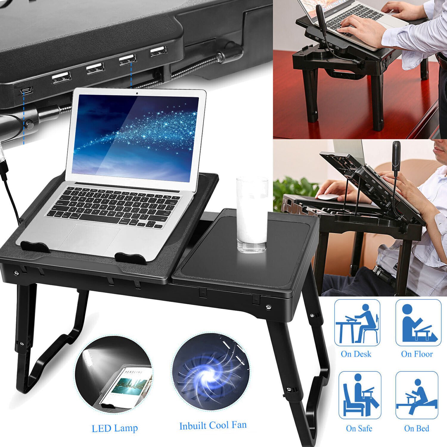 Laptop Desk Stand Table w/Fan for Bed with LED Light & 4 USB Ports & Mouse Pad - Image 3