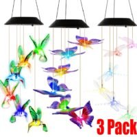 3PCS Solar Wind Chimes Lights LED Changing Hummingbird Butterfly Dragonfly Decor