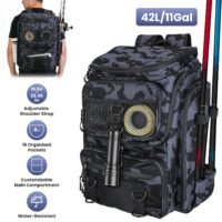 42L Fishing Backpack 11Gal Fishing Tackle Storage Bag with Rod Holder 16 Pockets