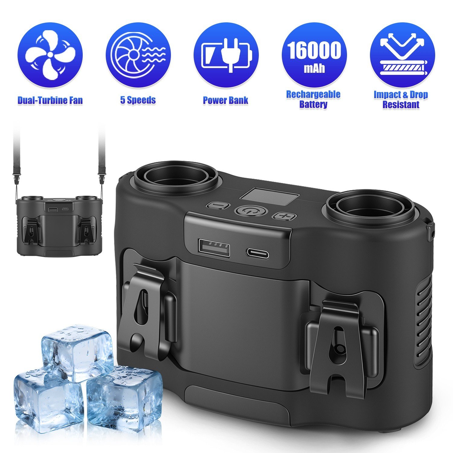 16000mAh Portable Waist Fan Clip on Belt Hands-Free with 5 Speed LCD Display - Image 2