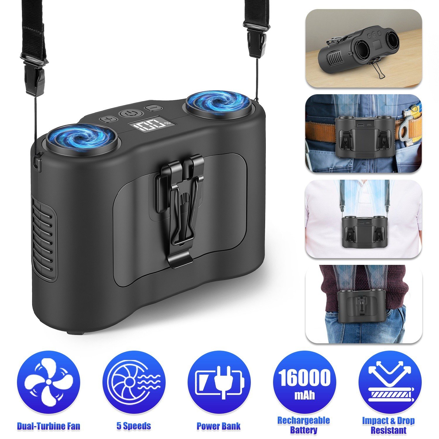 16000mAh Portable Waist Fan Clip on Belt Hands-Free with 5 Speed LCD Display - Image 3