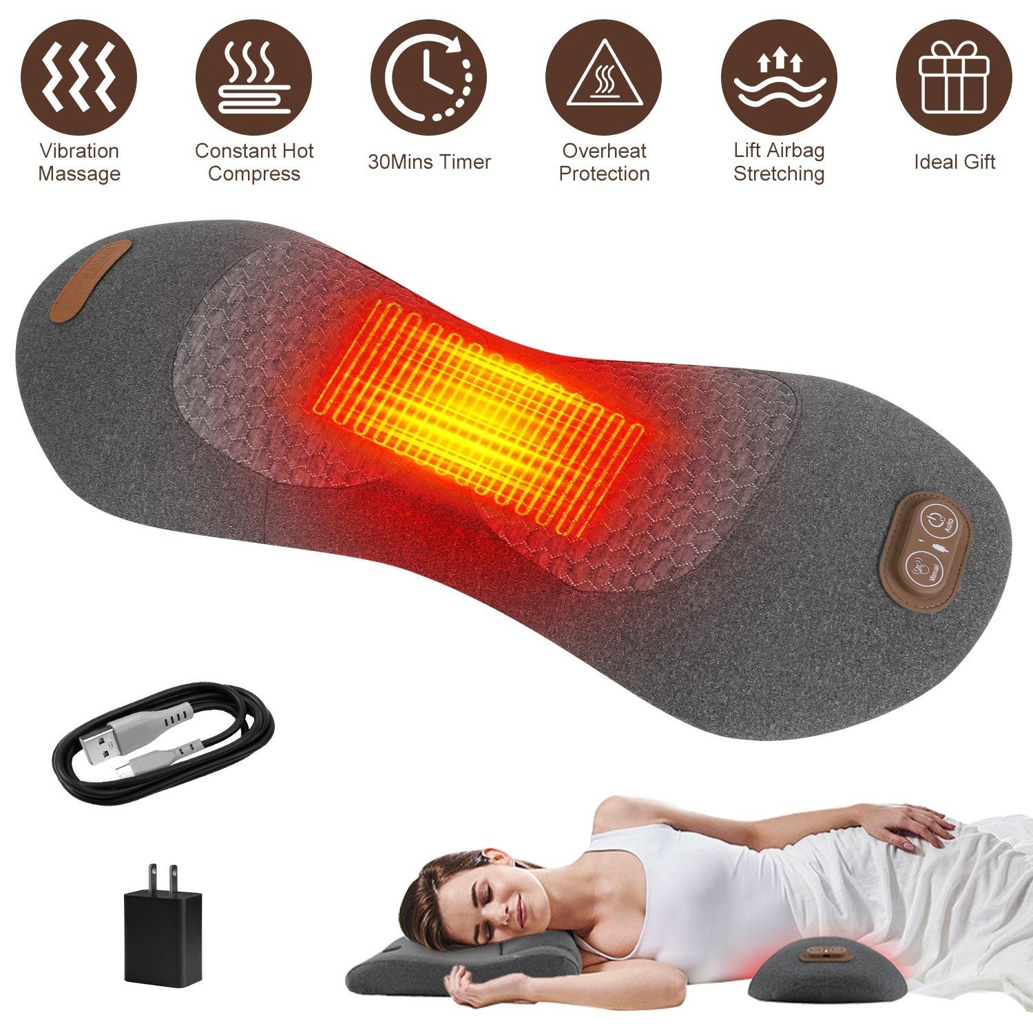 3-in-1 Electric Back Massager Pillow Lumbar Support Cushion with Heat Vibration - Image 2