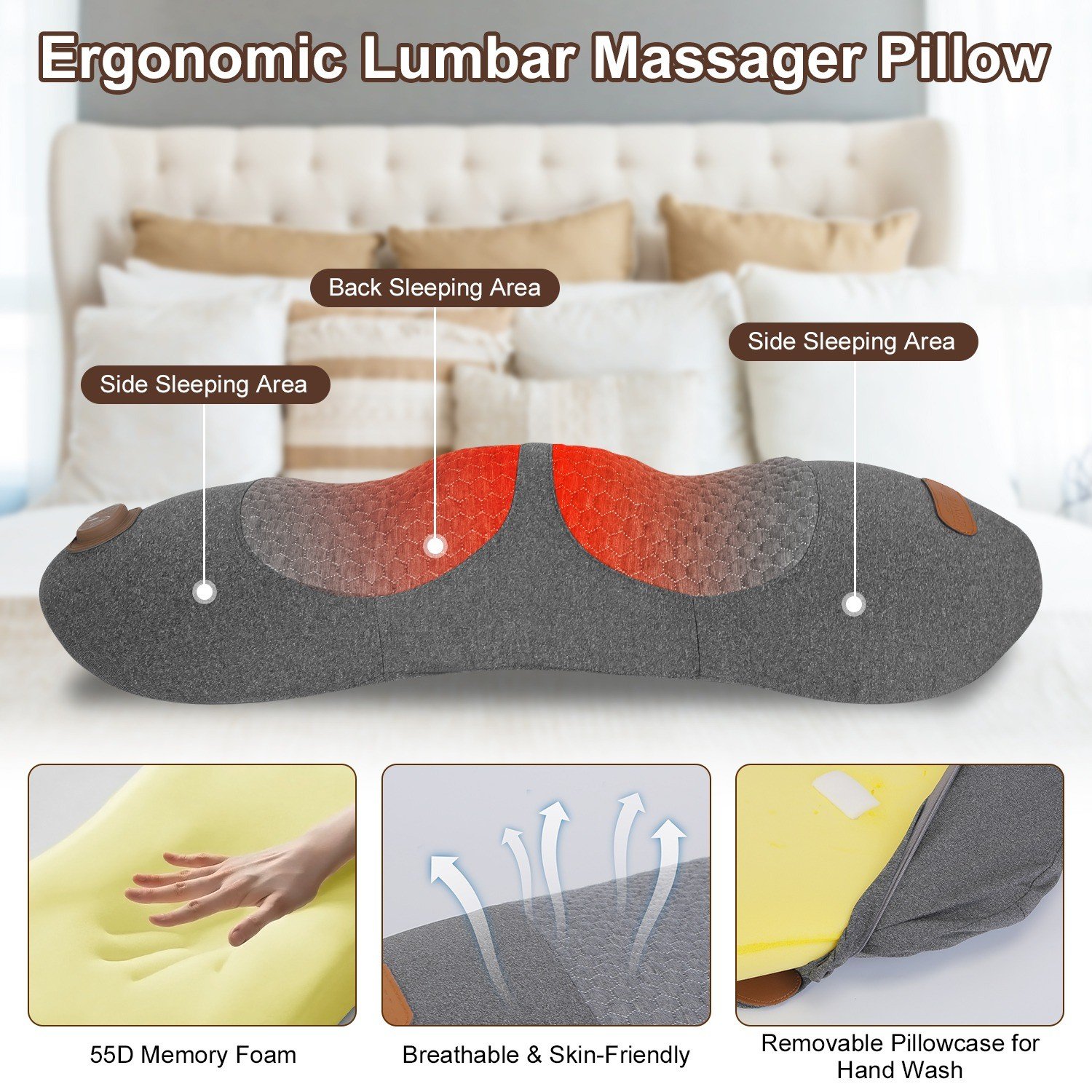 3-in-1 Electric Back Massager Pillow Lumbar Support Cushion with Heat Vibration - Image 5