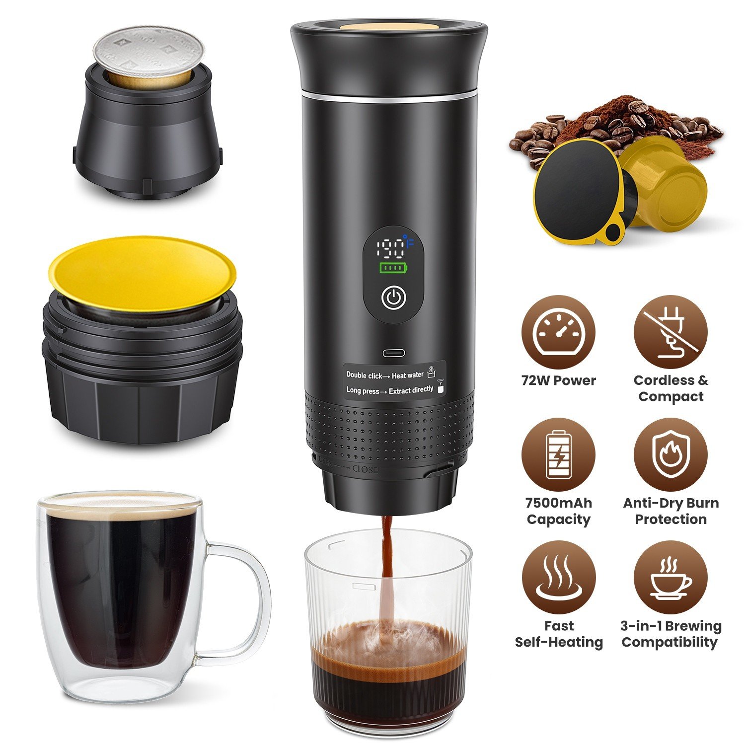 3-in-1 Portable Espresso Machine Cordless Self-Heating Coffee Maker Rechargeable