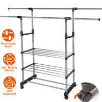 3 Tier Double Rolling Rail Garment Hanging Rack Adjustable Clothes Rack Hanger