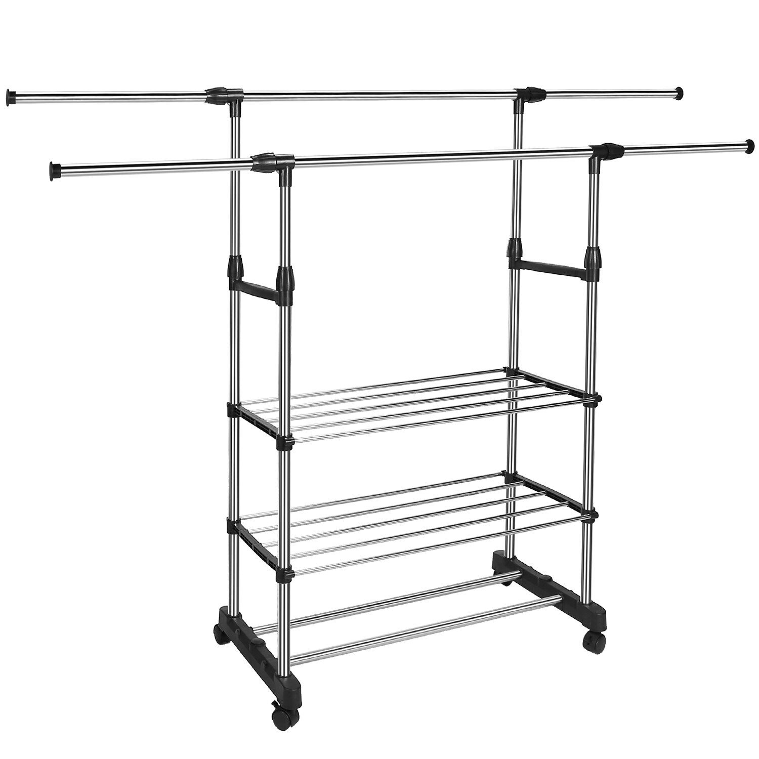 3 Tier Double Rolling Rail Garment Hanging Rack Adjustable Clothes Rack Hanger - Image 2