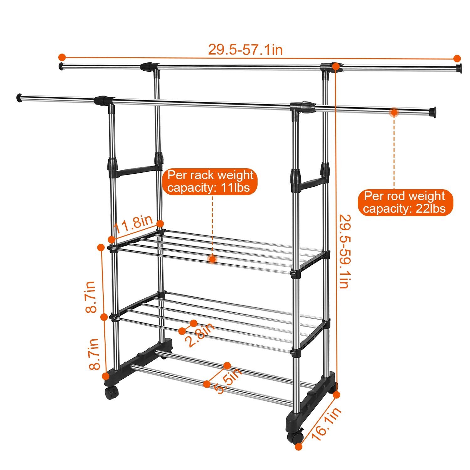 3 Tier Double Rolling Rail Garment Hanging Rack Adjustable Clothes Rack Hanger - Image 3