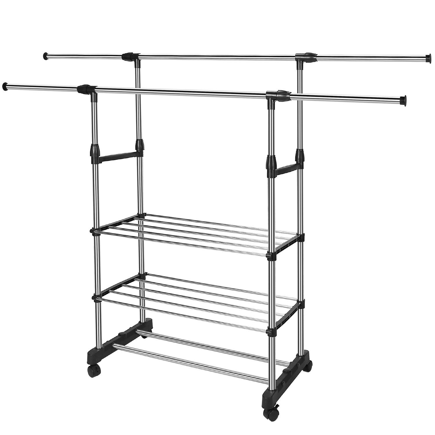3 Tier Double Rolling Rail Garment Hanging Rack Adjustable Clothes Rack Hanger - Image 5