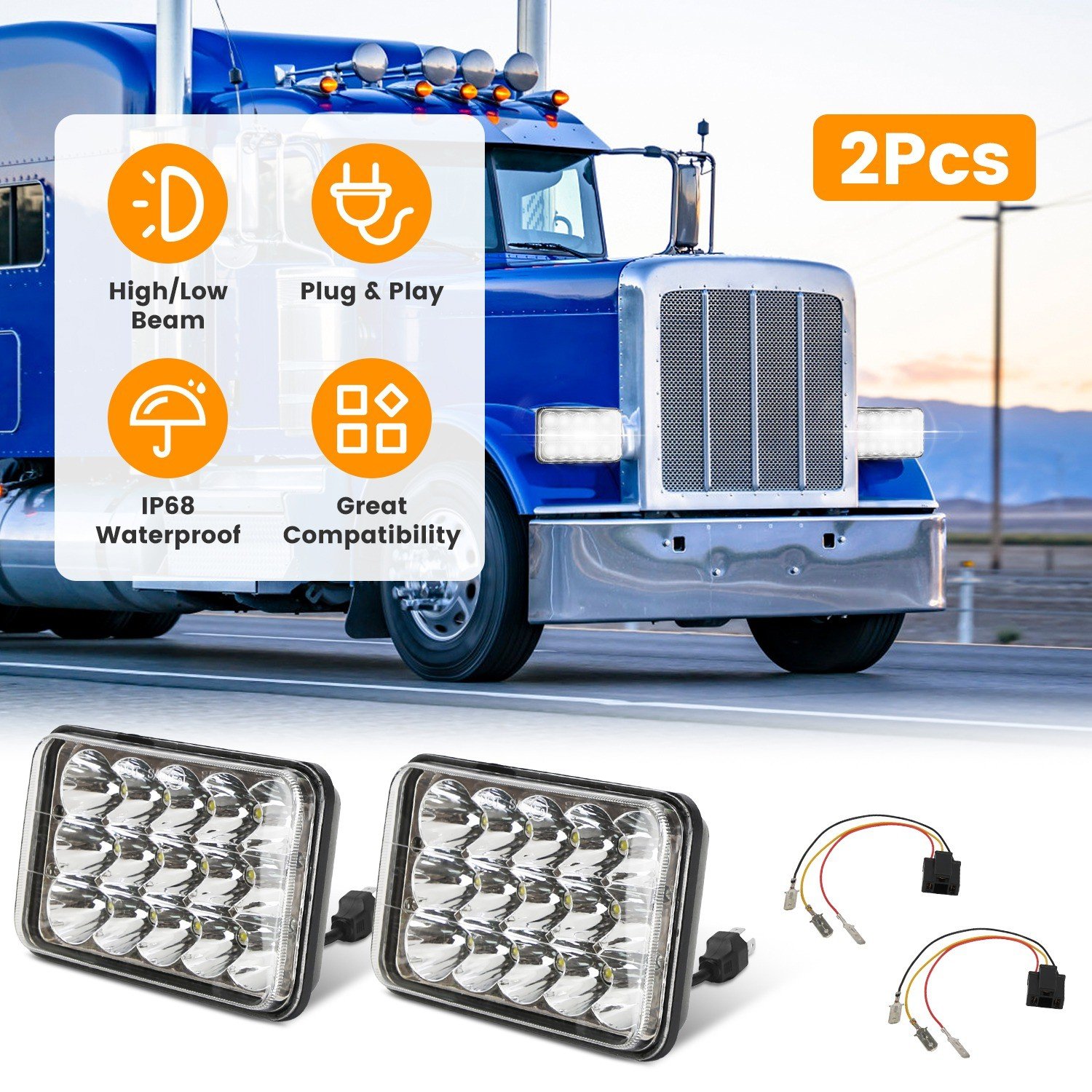 2PCS 4x6" Car LED Headlights Hi/Lo Beam Projector IP68 for 10-80V Car SUV Truck - Image 2