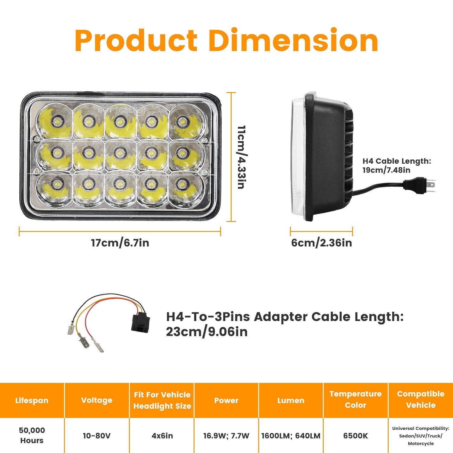2PCS 4x6" Car LED Headlights Hi/Lo Beam Projector IP68 for 10-80V Car SUV Truck - Image 4